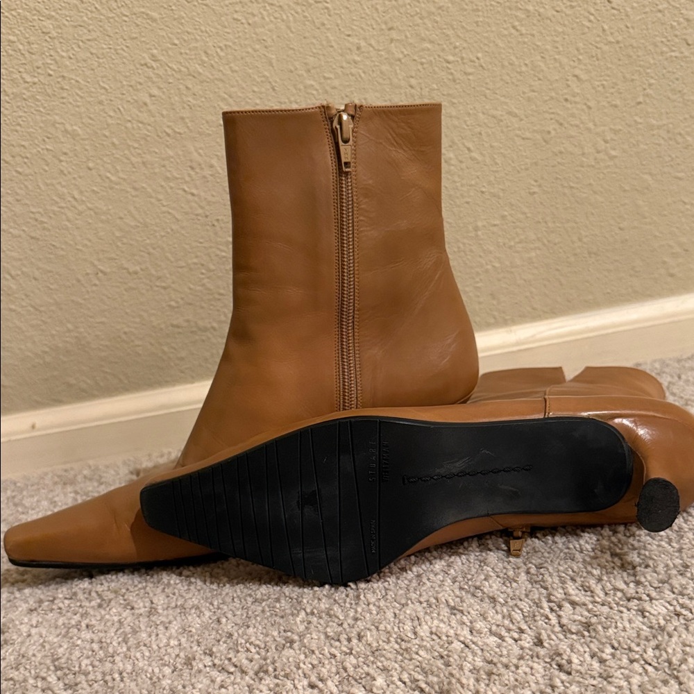 Stuart Weitzman Cognac Pointed-Toe Leather Ankle Boots - Picture 4 of 5